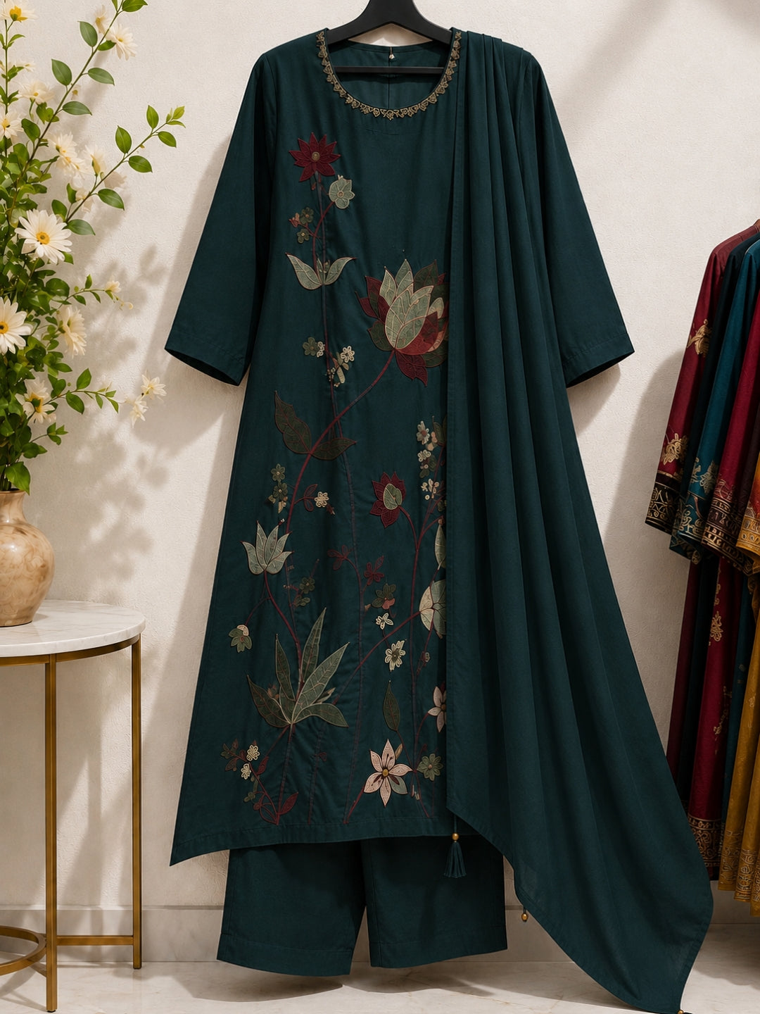 Teal Green Mul Cotton Floral Embroidered Kurta Set with Dupatta