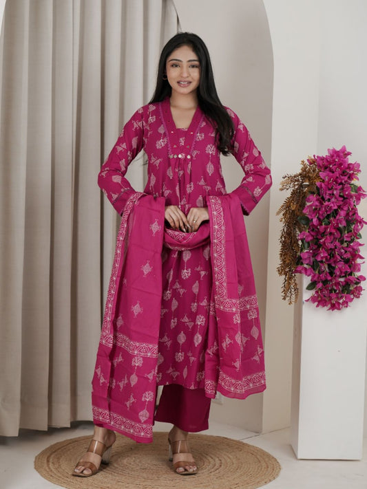Rani Pink Jaipuri Cotton A-Line Kurta Set with Ethnic Print