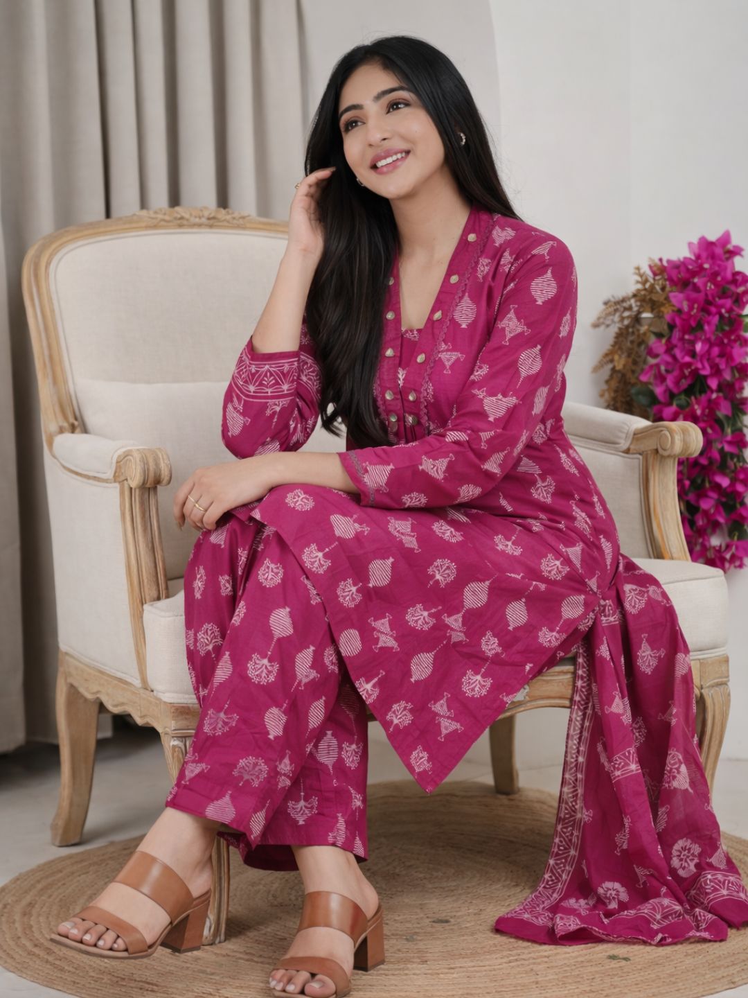 Rani Pink Jaipuri Cotton A-Line Kurta Set with Ethnic Print