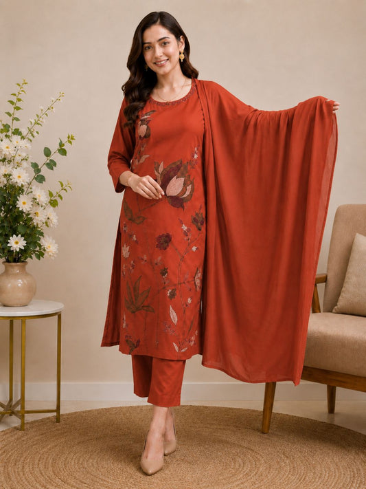 Rust Orange Mul Cotton Floral Embroidered Kurta Set with Dupatta