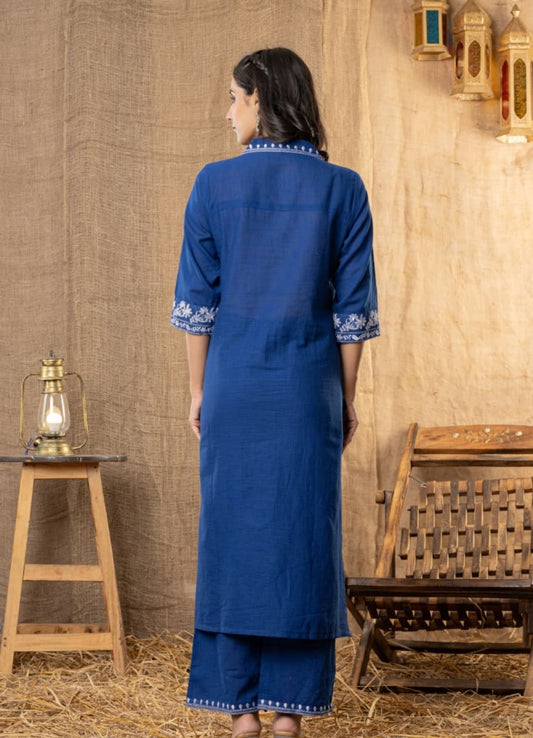 Navy Blue Cotton Slub Kurta Set With Pockets