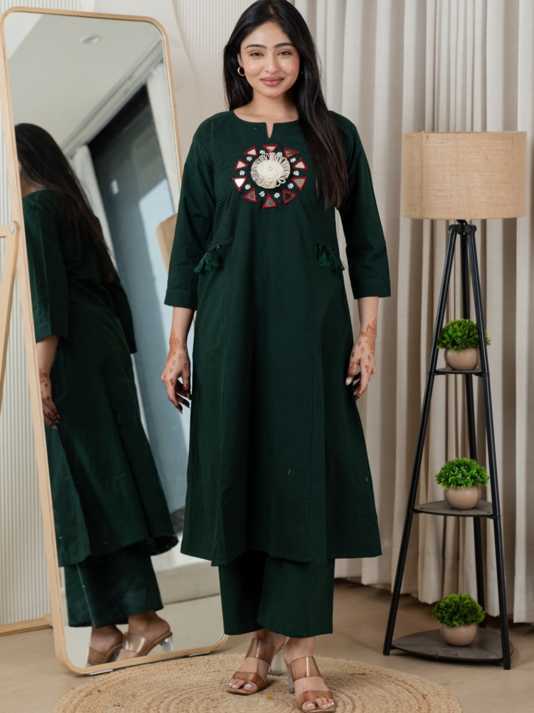 Bottle Green Dabu Cotton A-Line Kurta Set with Handcrafted Mirror Work Embroidery