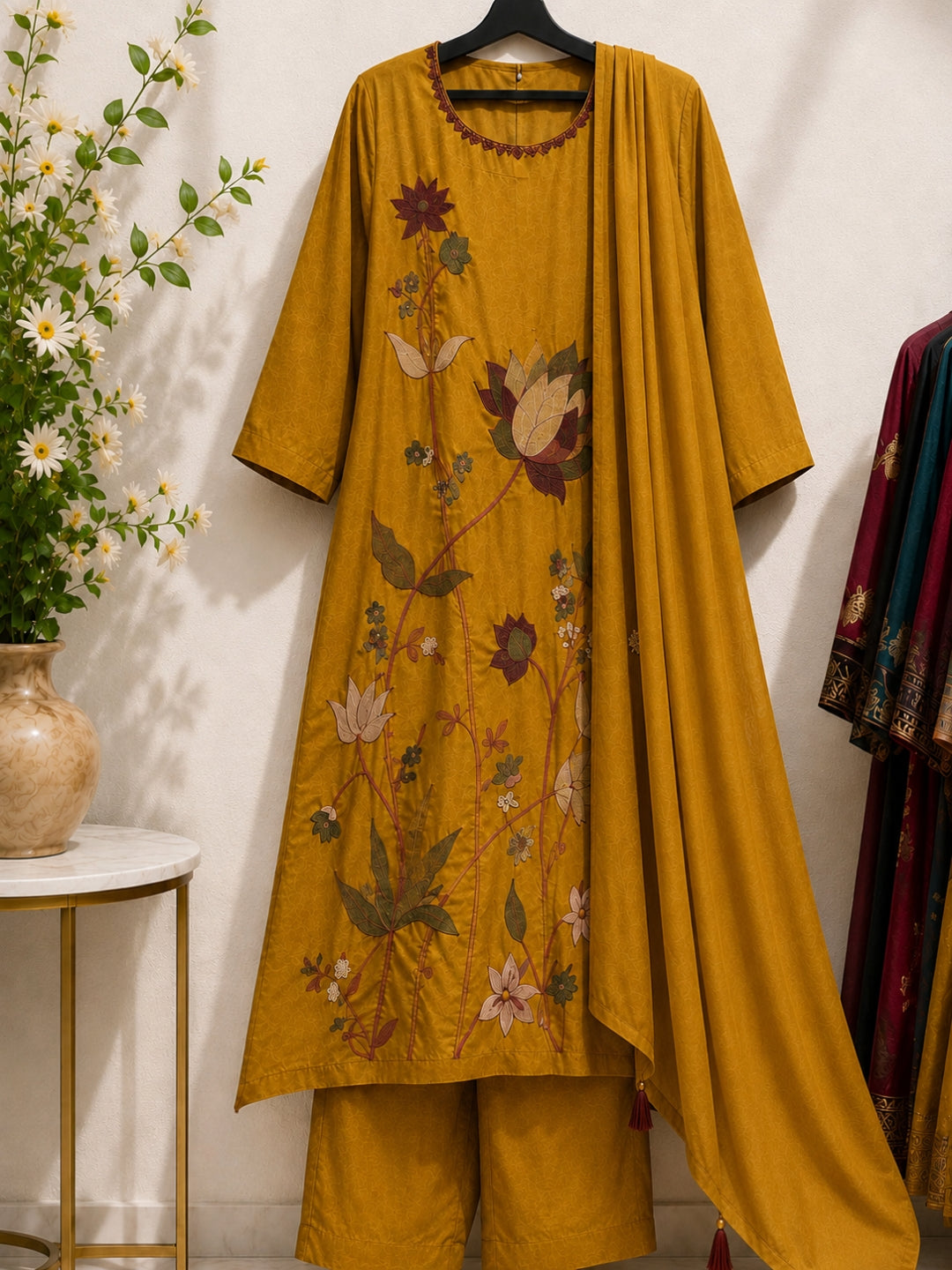 Mustard Yellow Mul Cotton Floral Embroidered Kurta Set with Dupatta