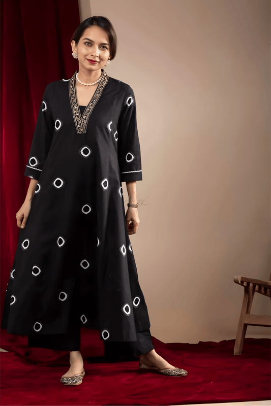 Black Muslin Co-ord Set with Abstract Circle Print & Embroidered Neck