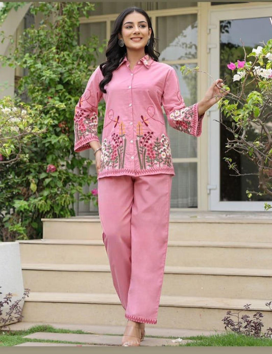 Blush Pink Cotton Co-Ord Set with Heavy Floral Embroidery