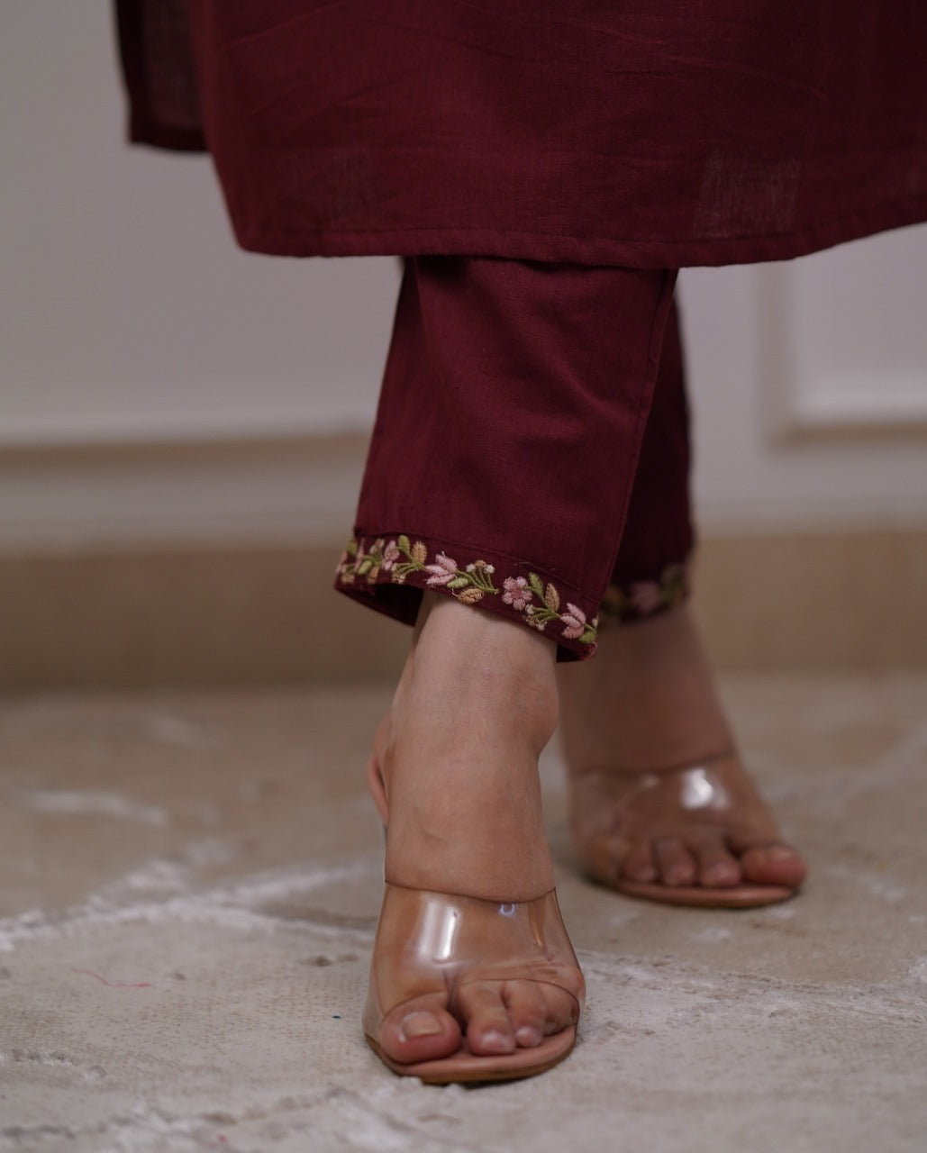 Elegant Maroon Cotton Kurta Set with Intricate Floral Embroidery & Dupatta