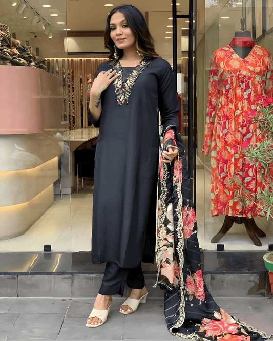 Black Premium Muslin Suit Set with Intricate Embroidery