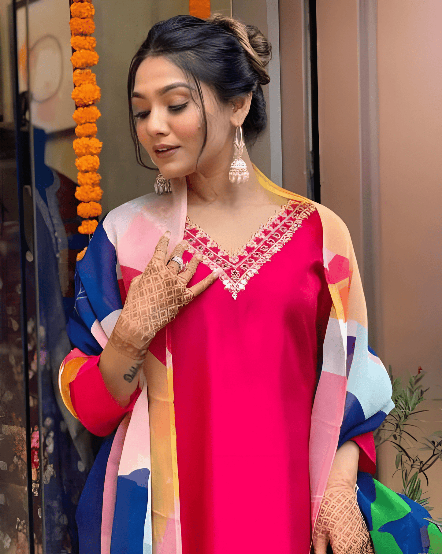 Hot Pink Viscose Rayon Suit Set with Multicolor Printed Dupatta