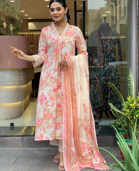 Ivory Soft Cotton Suit Set with Pink Floral Print – Casual & Day Wear