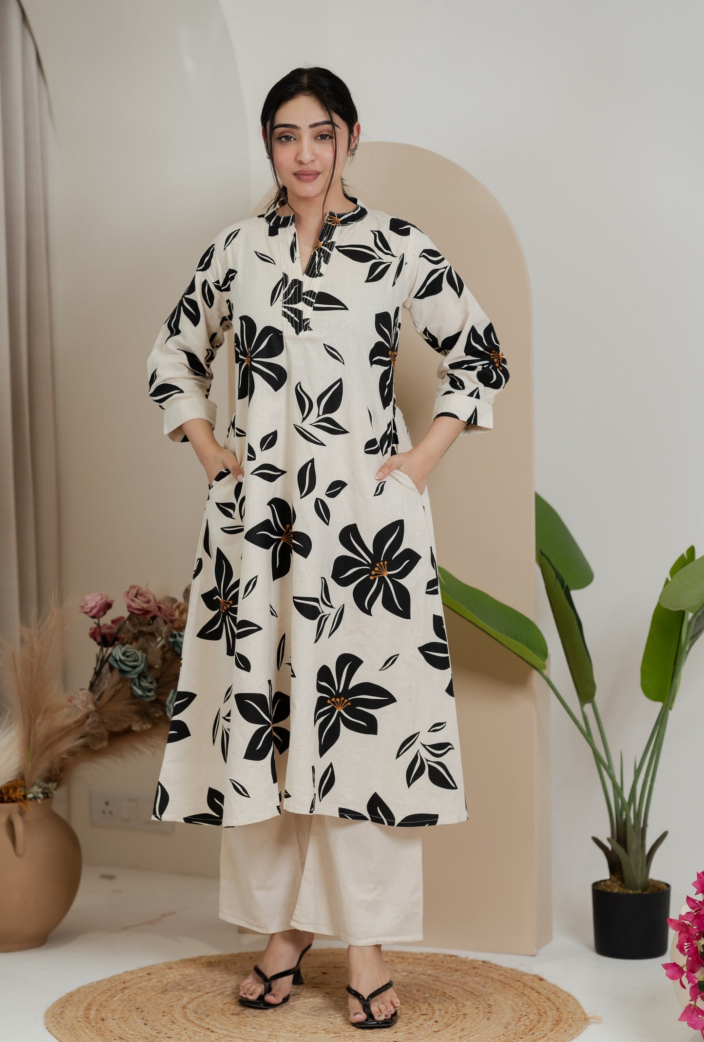 Premium Khadi Flex Kurta Set - Beige with Navy Blue