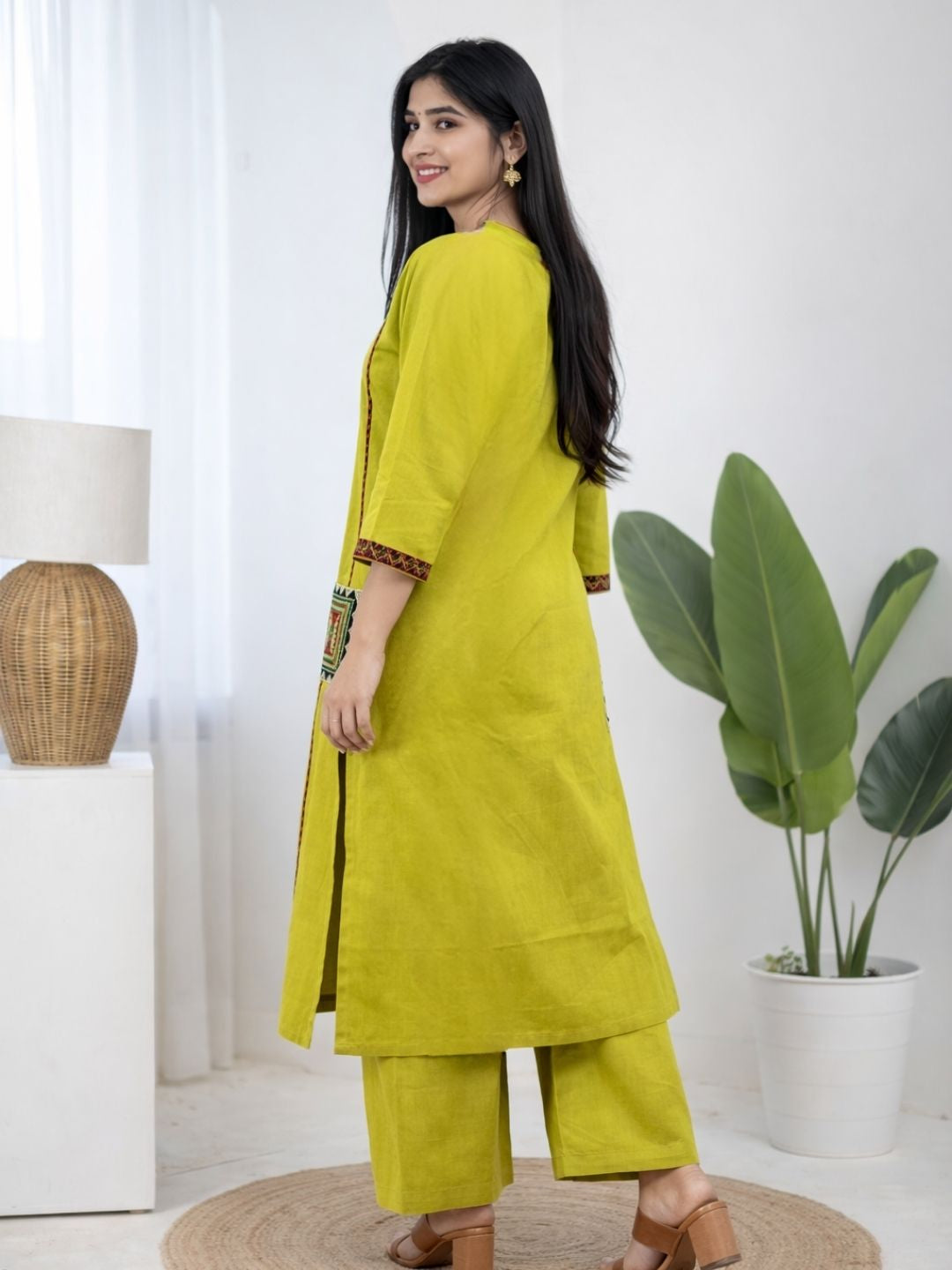 Lime Green Dabu Cotton A-Line Kurta Set with Embroidered Pockets