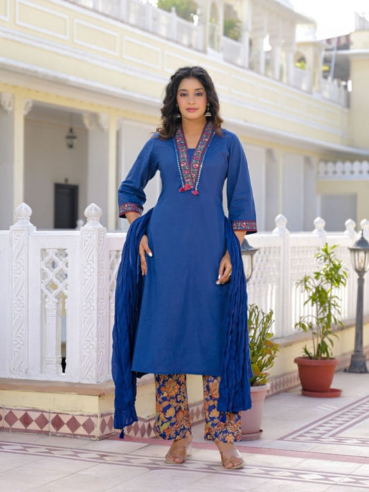 Royal Blue Premium Cotton Kurta Set with Handworked Embroidered Neckline