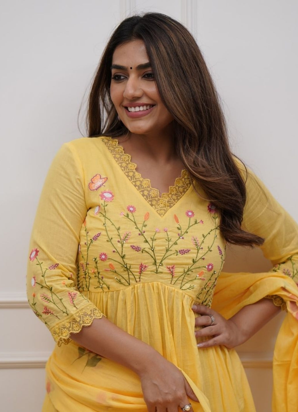 Yellow Cotton Embroidered Anarkali Suit Set for Women