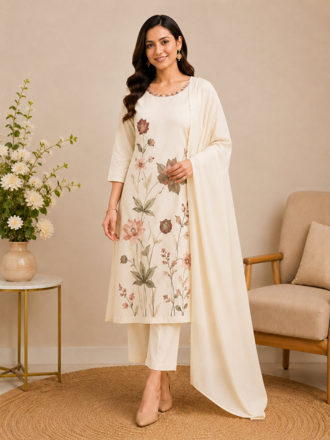 Cream Mul Cotton Floral Embroidered Kurta Set with Dupatta