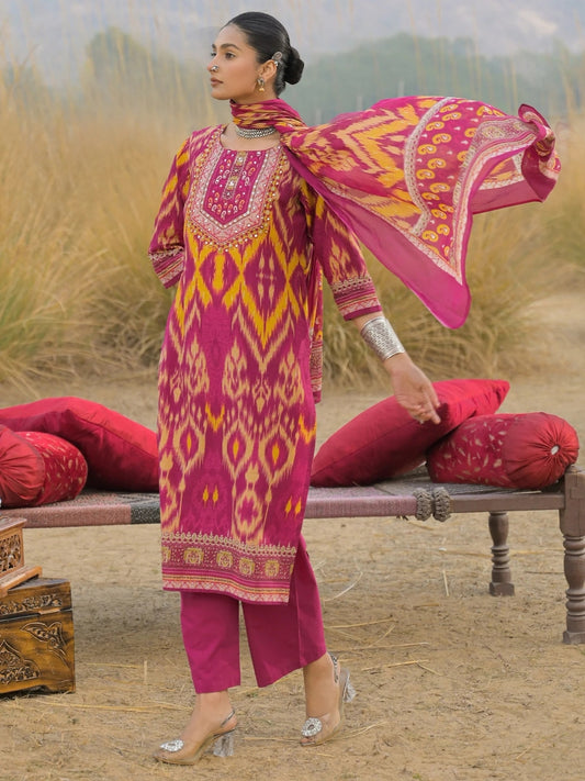 Magenta Cotton Kurta Set with Ikat Print & Embroidered Neckline