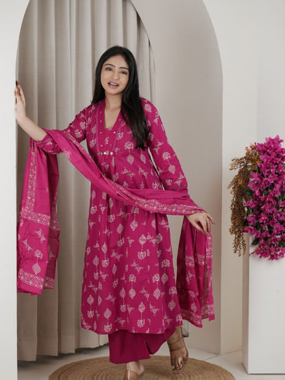 Rani Pink Jaipuri Cotton  A-Line Kurta Set with Ethnic Print