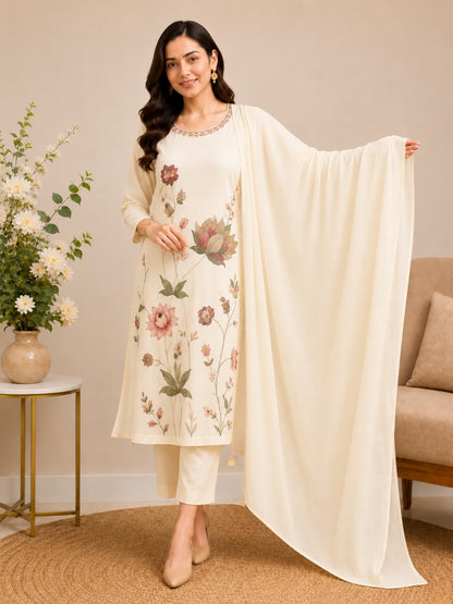 Cream Mul Cotton Floral Embroidered Kurta Set with Dupatta