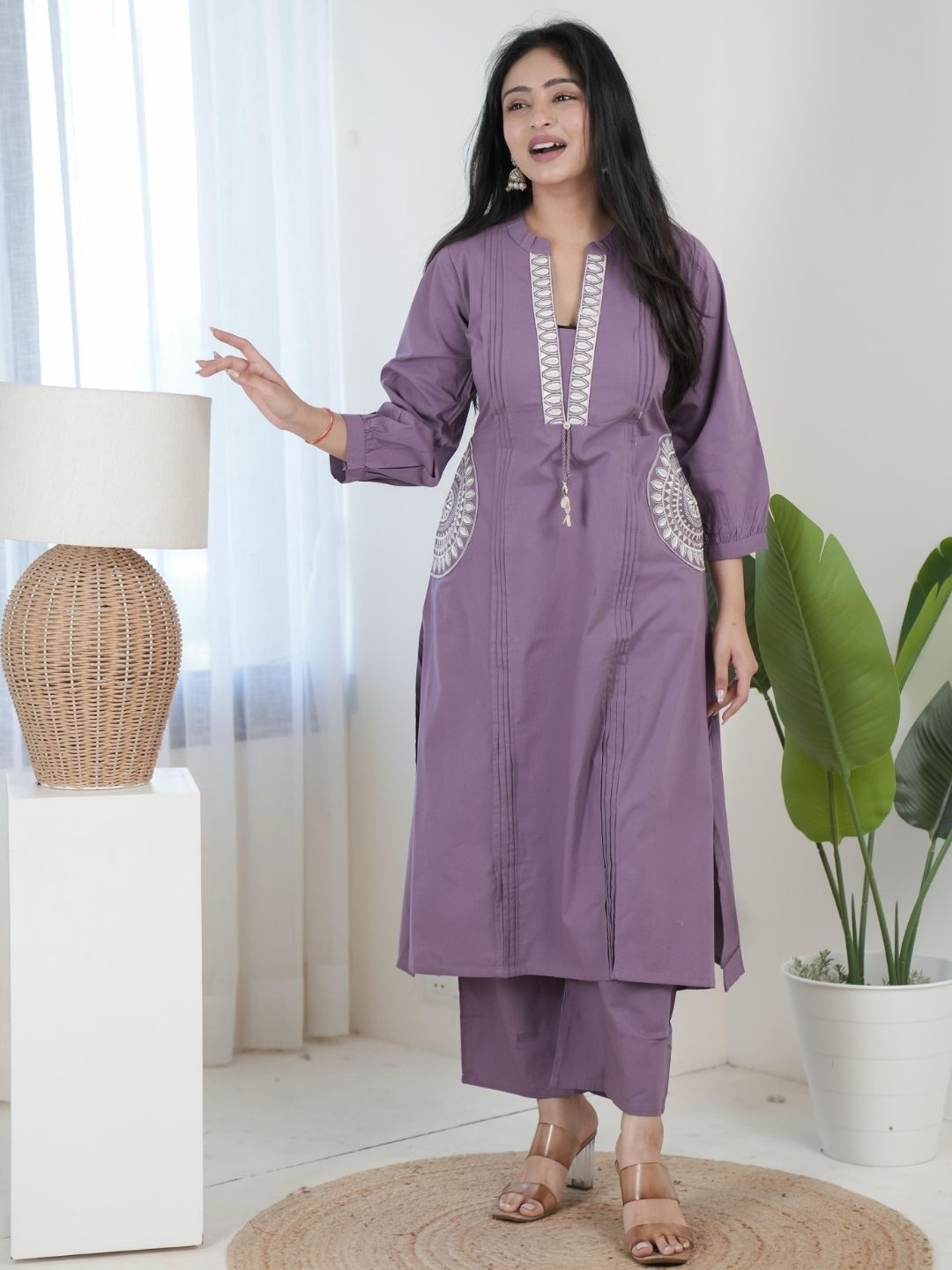 Lavender Purple Dabu Cotton A-Line Kurta Set with Handcrafted Embroidery