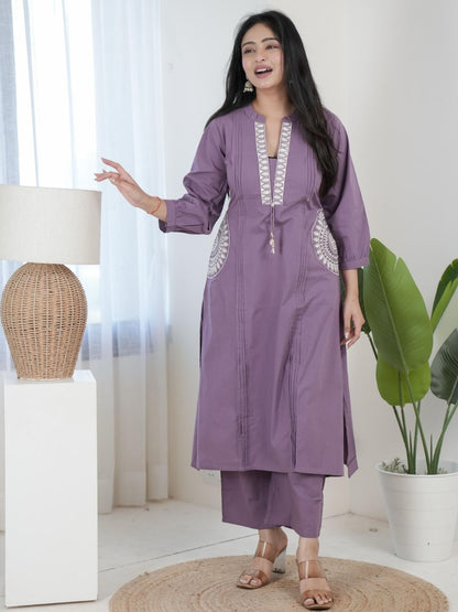 Lavender Purple Dabu Cotton A-Line Kurta Set with Handcrafted Embroidery