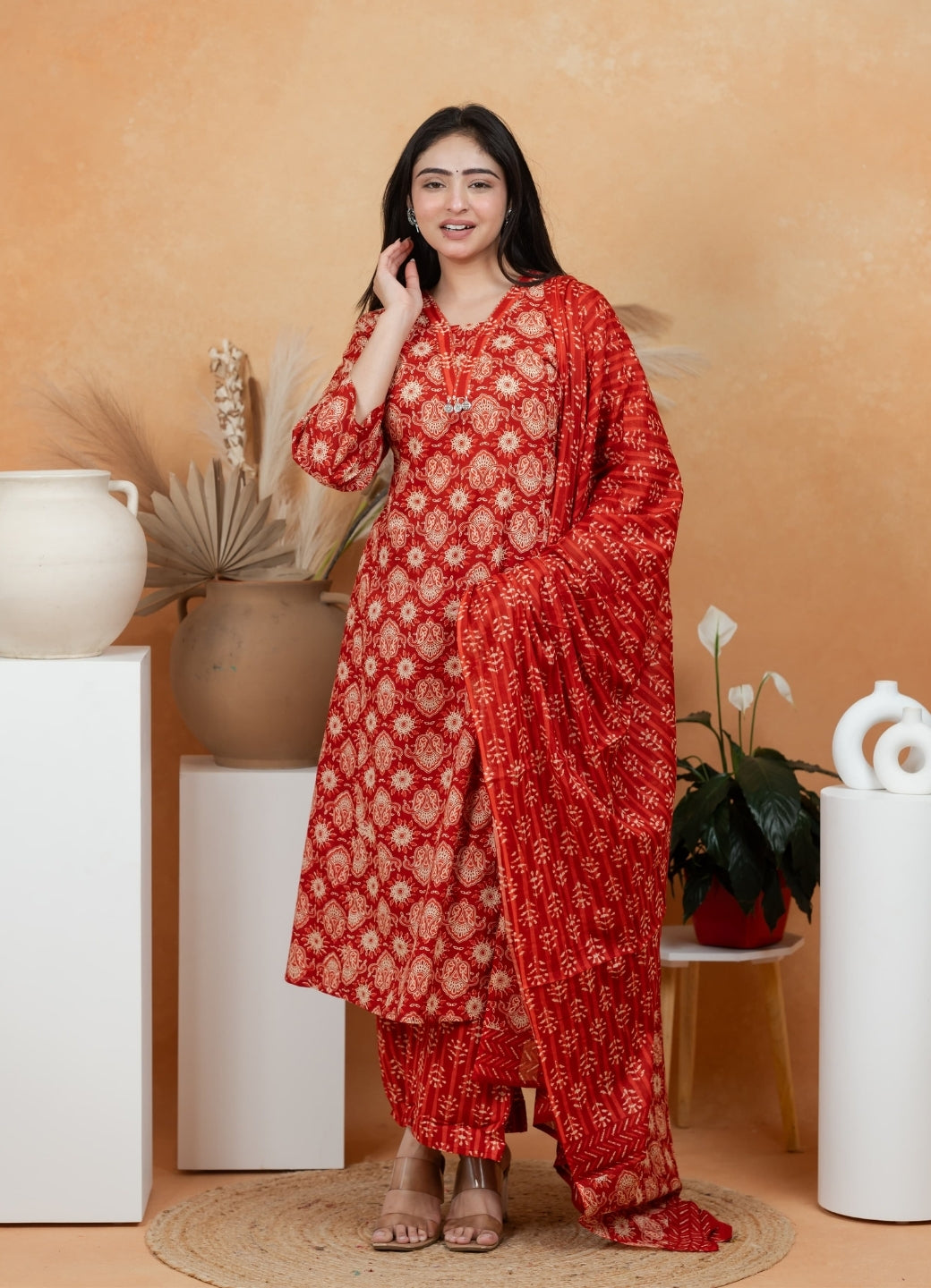 Rust Red Jaipuri Cotton A-Line Suit Set – Daily & Festive Wear
