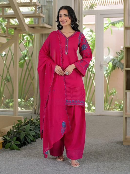 Rani Pink Pure Cotton Embroidered Kurta with Farsi Salwar & Dupatta Set – Festive Wear