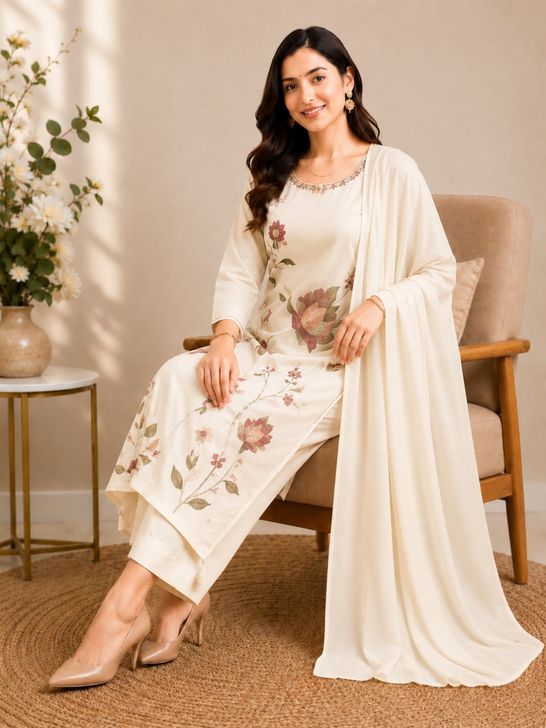 Cream Mul Cotton Floral Embroidered Kurta Set with Dupatta