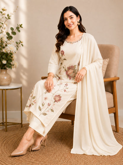 Cream Mul Cotton Floral Embroidered Kurta Set with Dupatta