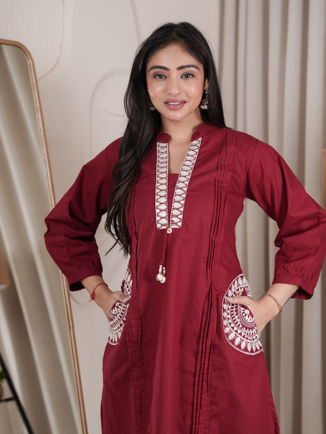 Maroon Dabu Cotton A-Line Kurta Set with Handcrafted Embroidery