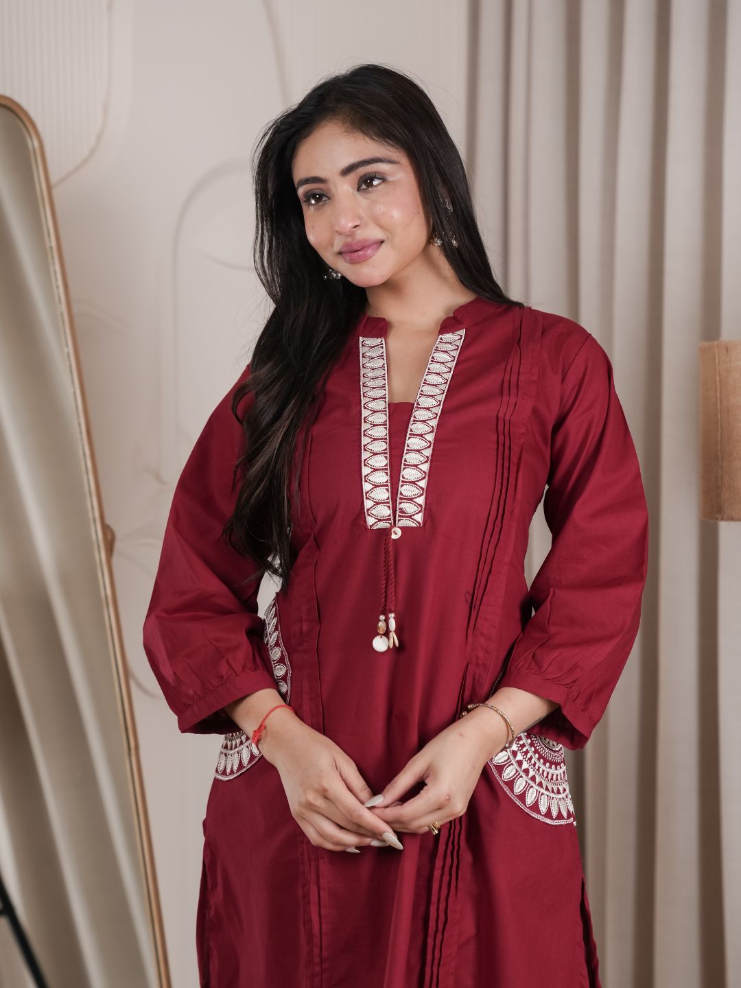 Maroon Dabu Cotton A-Line Kurta Set with Handcrafted Embroidery