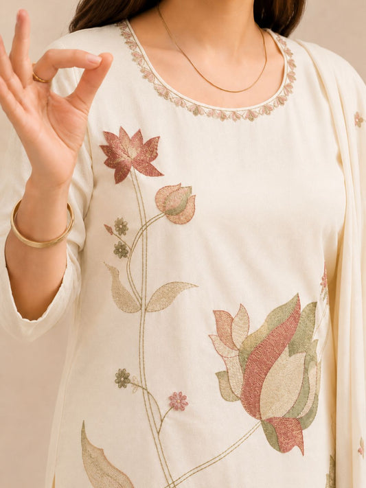 Cream Mul Cotton Floral Embroidered Kurta Set with Dupatta