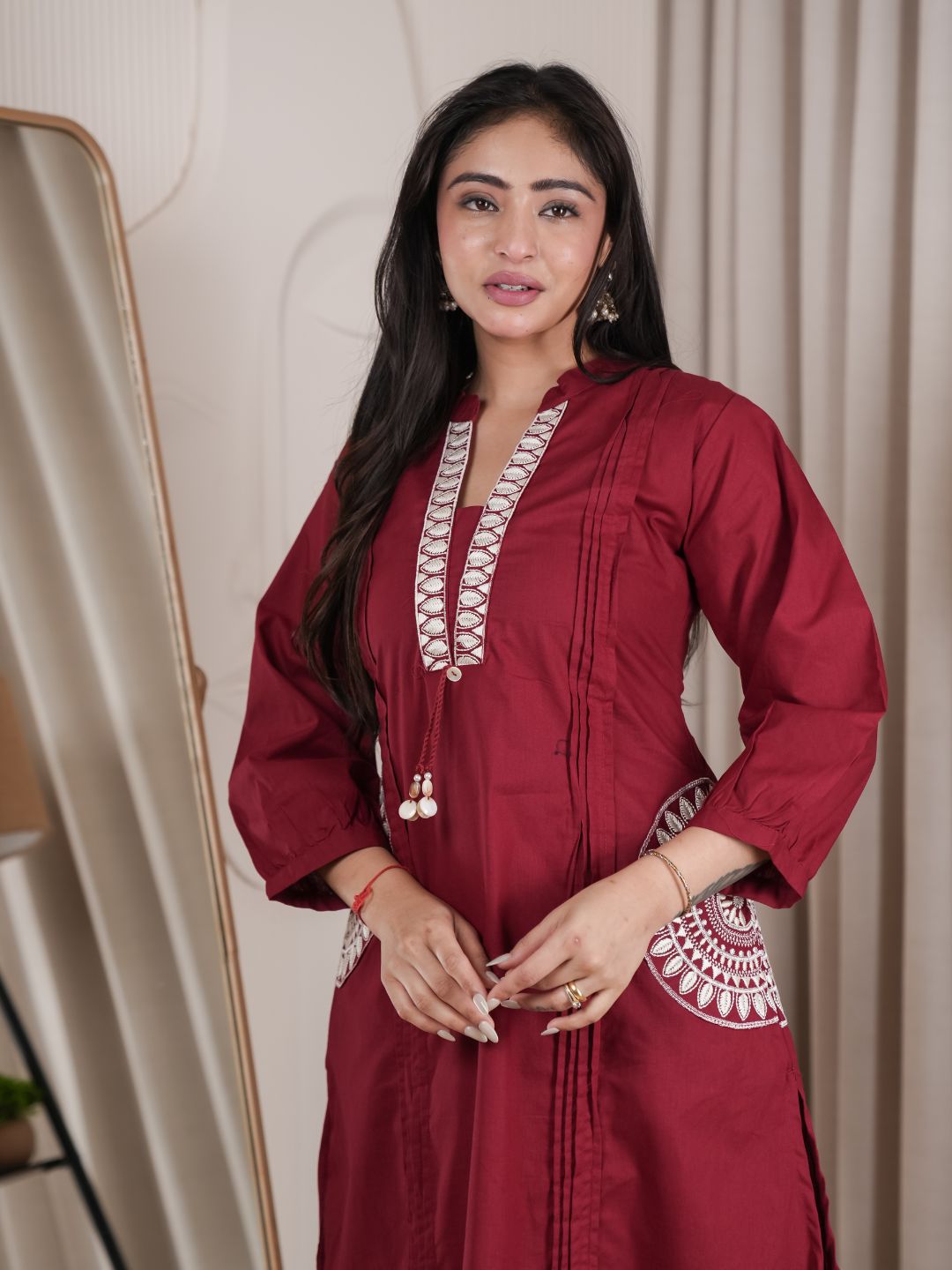 Maroon Dabu Cotton A-Line Kurta Set with Handcrafted Embroidery