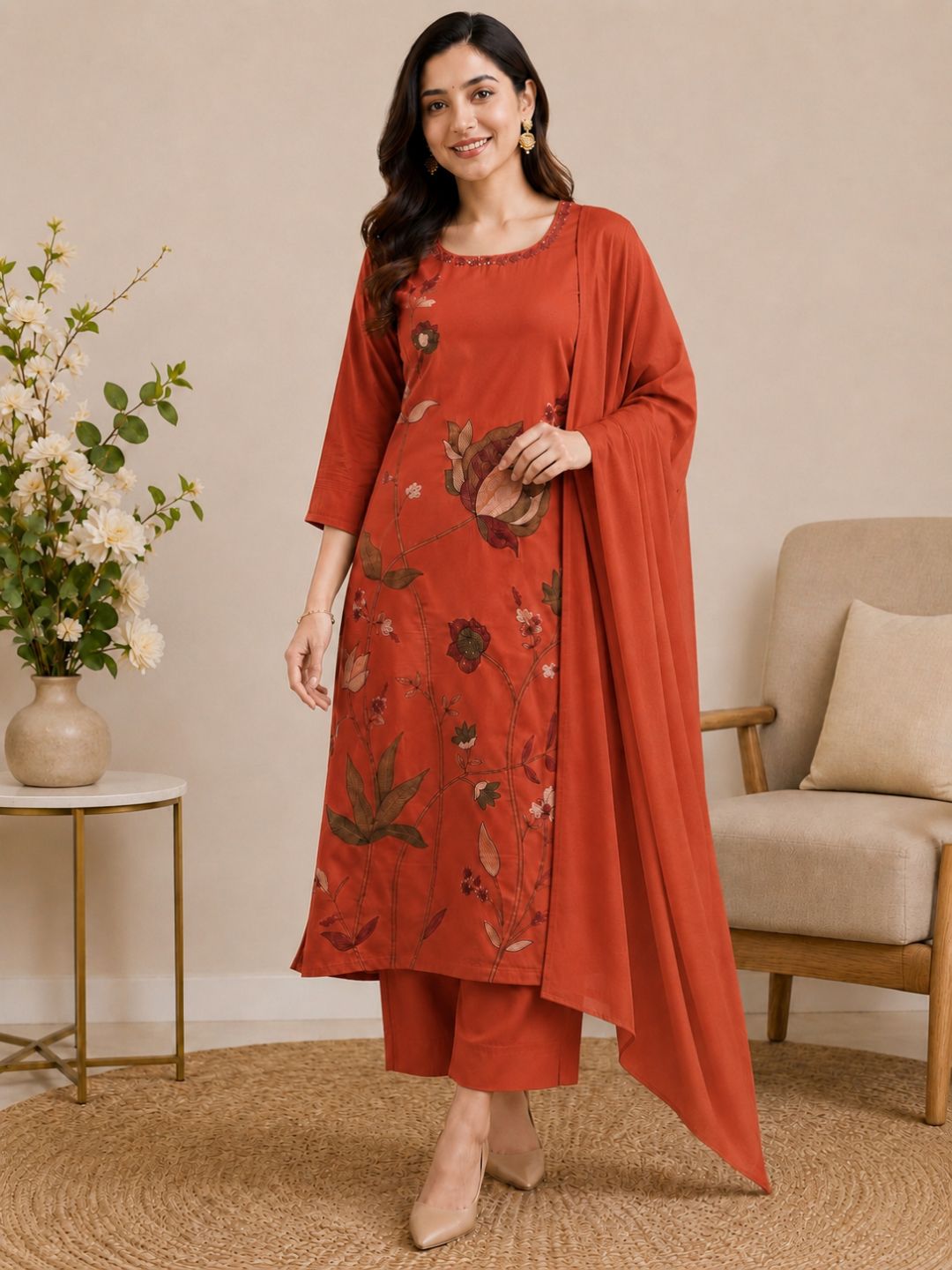 Rust Orange Mul Cotton Floral Embroidered Kurta Set with Dupatta
