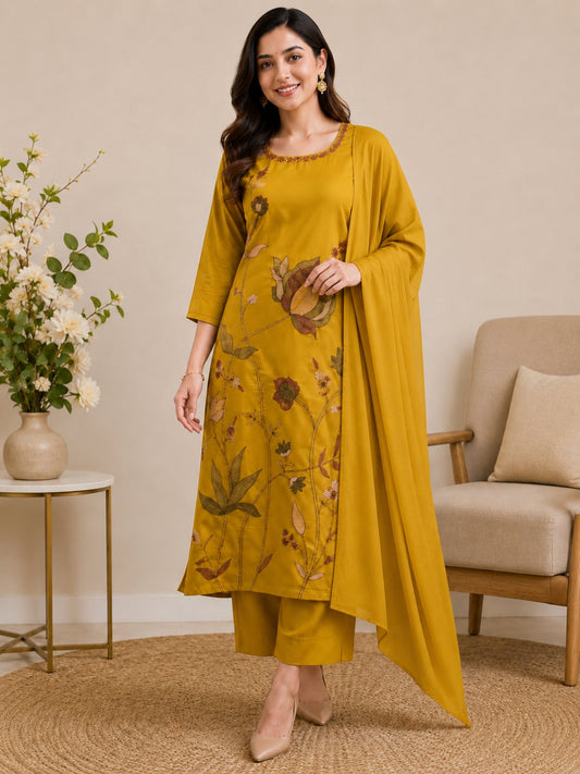 Mustard Yellow Mul Cotton Floral Embroidered Kurta Set with Dupatta