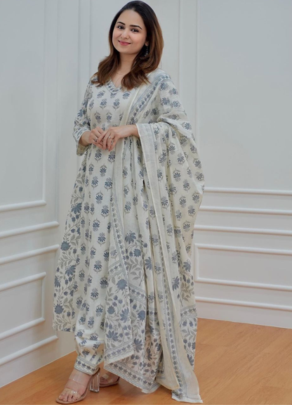 Cream Grey Cotton Afghani Suit Set with Floral Print – Ethnic Wear