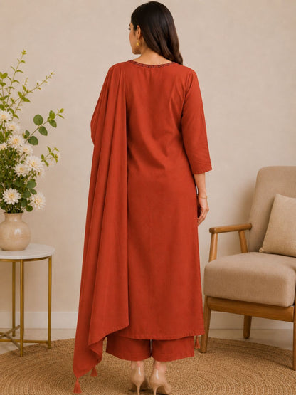 Rust Orange Mul Cotton Floral Embroidered Kurta Set with Dupatta