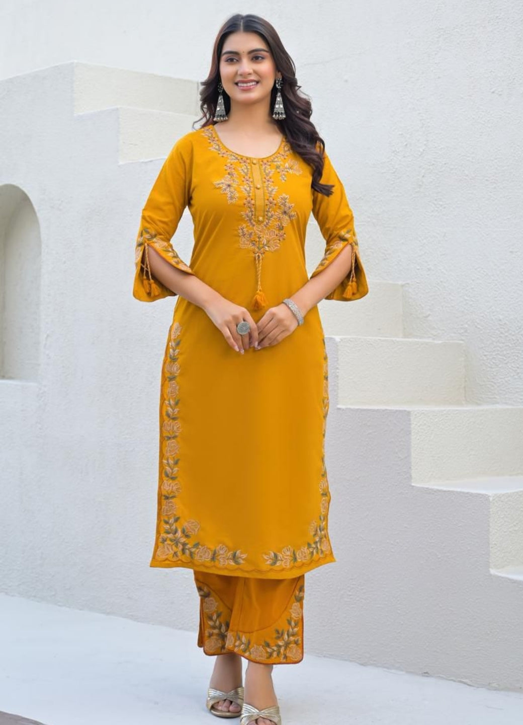 Mustard Yellow Cotton Suit Set with Embroidered Floral Motifs
