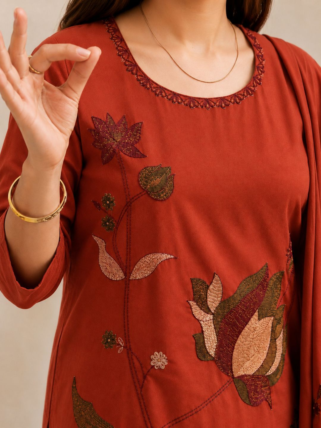 Rust Orange Mul Cotton Floral Embroidered Kurta Set with Dupatta