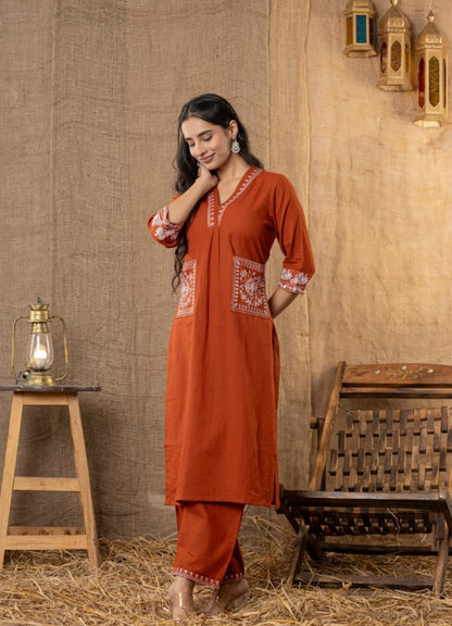 Rust Orange Cotton Slub Kurta Set with Pockets