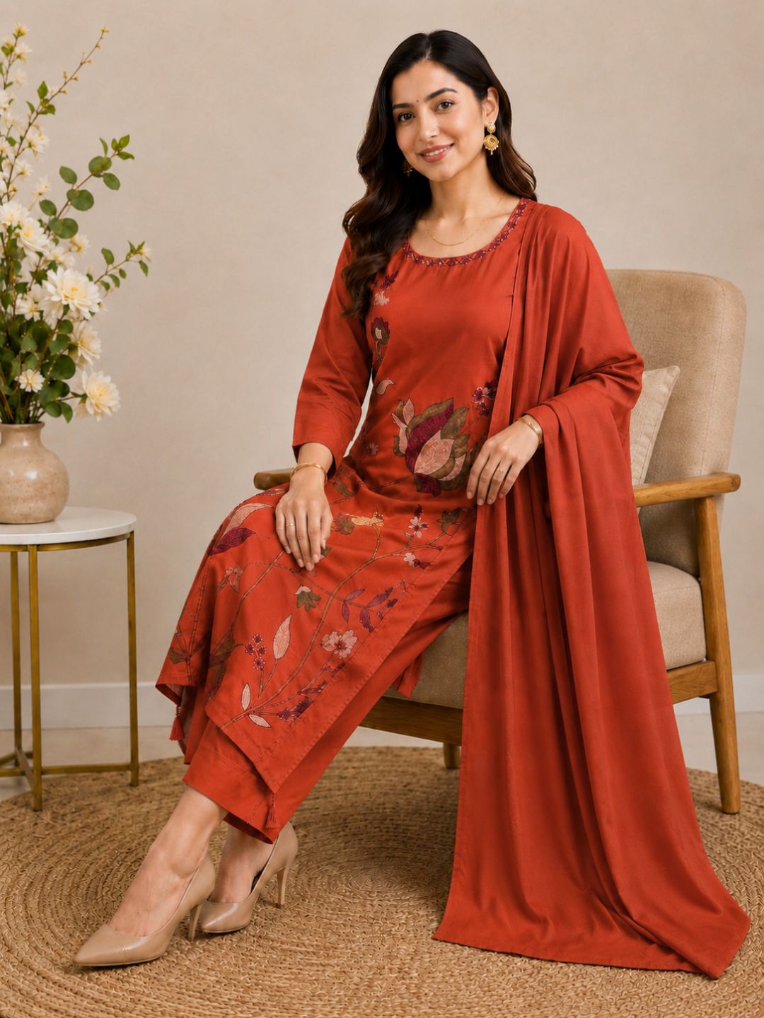 Rust Orange Mul Cotton Floral Embroidered Kurta Set with Dupatta