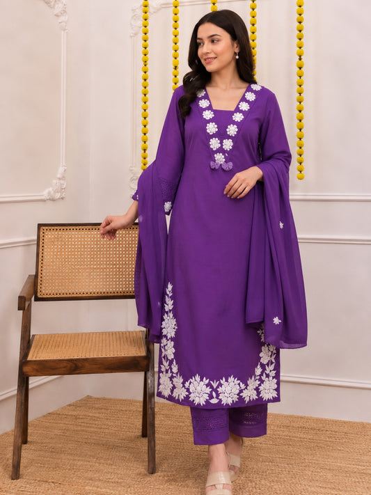 Royal Purple Embroidered Cotton Kurta Palazzo Set with Dupatta