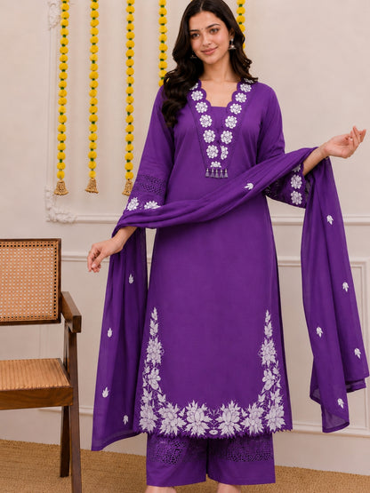 Royal Purple Embroidered Cotton Kurta Palazzo Set with Dupatta