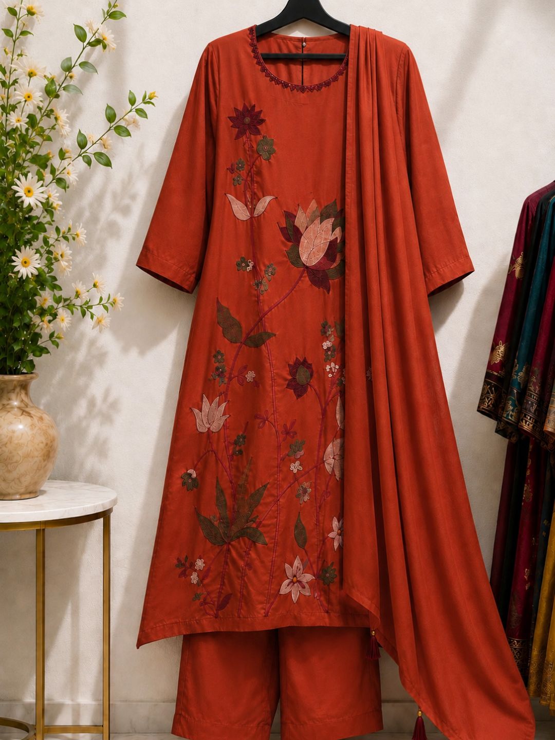Rust Orange Mul Cotton Floral Embroidered Kurta Set with Dupatta