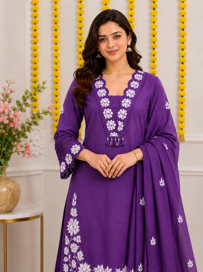Royal Purple Embroidered Cotton Kurta Palazzo Set with Dupatta