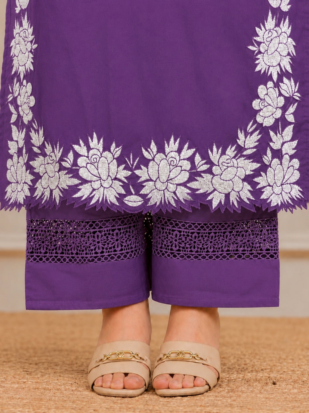 Royal Purple Embroidered Cotton Kurta Palazzo Set with Dupatta