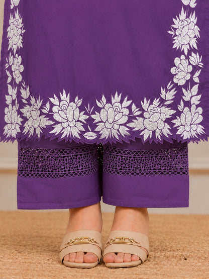 Royal Purple Embroidered Cotton Kurta Palazzo Set with Dupatta