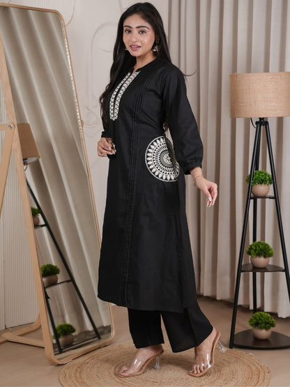 Black Dabu Cotton A-Line Kurta Set with Handcrafted Embroidery
