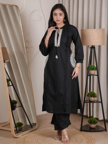Black Dabu Cotton A-Line Kurta Set with Handcrafted Embroidery