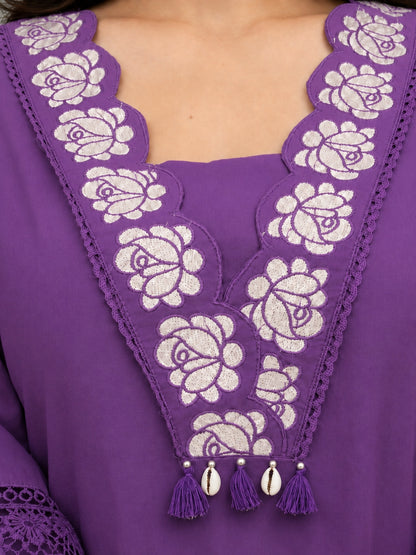 Royal Purple Embroidered Cotton Kurta Palazzo Set with Dupatta