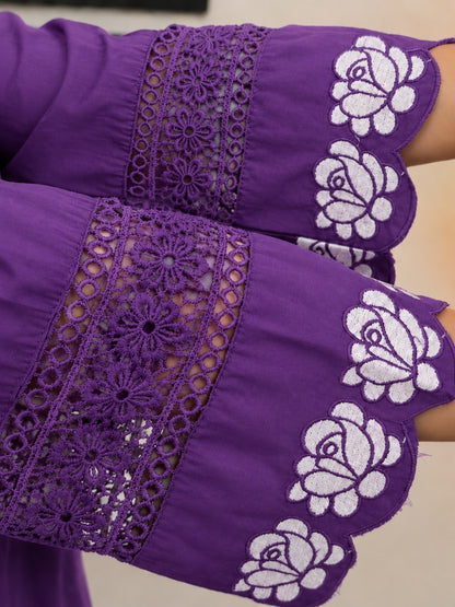 Royal Purple Embroidered Cotton Kurta Palazzo Set with Dupatta