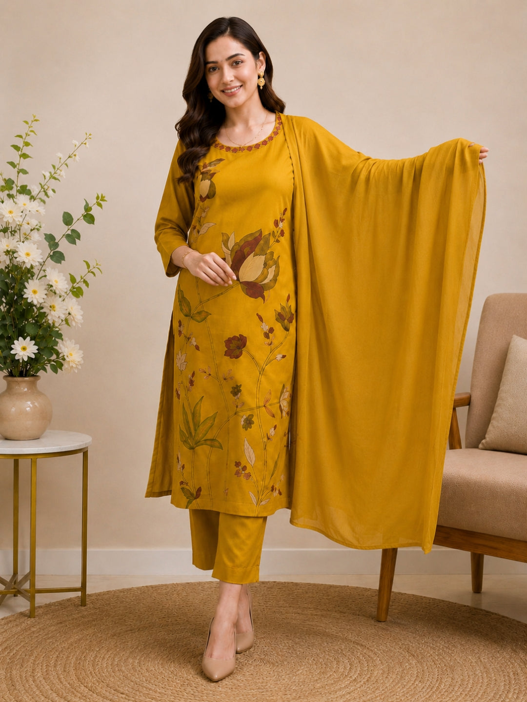 Mustard Yellow Mul Cotton Floral Embroidered Kurta Set with Dupatta